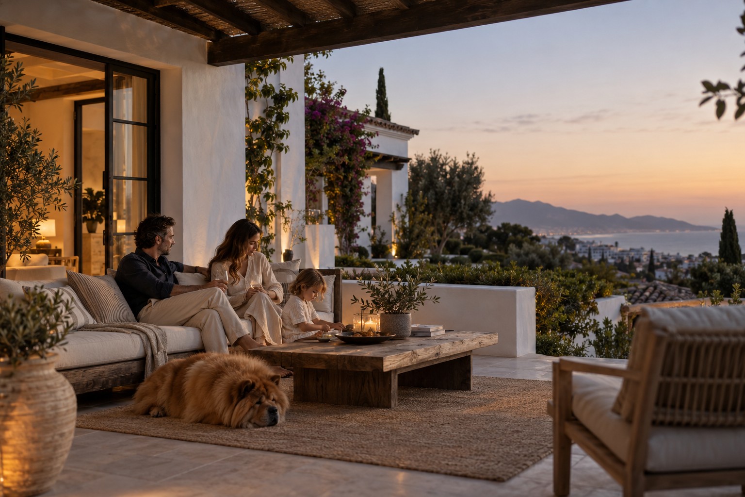 Familia ilustrativa con su perro descansando en la terraza de una villa al anochecer, con vistas a la costa de la Costa del Sol