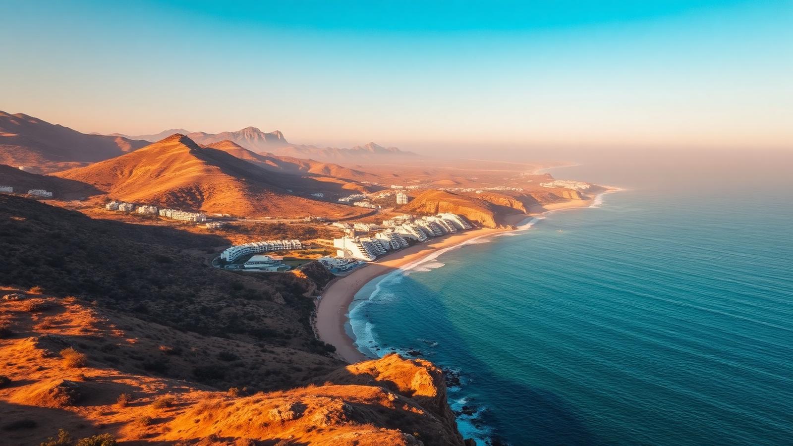 Aerial view of the Costa del Sol coastline and its dry pine hills