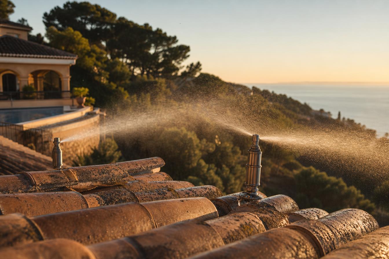 Stainless steel wildfire sprinkler nozzle installed on terracotta roof tiles
